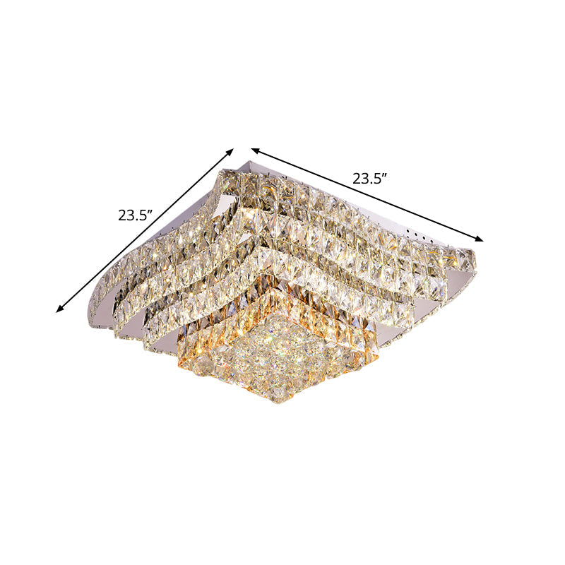 Wavy - Side Square Bedroom Led Flush Mount Ceiling Light With Clear Crystal Blocks Modern Stainless