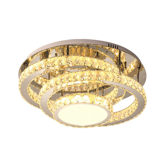 Wide Led Ceiling Lamp - Modern Ring Design With Clear Rectangular - Cut Crystals Stainless - Steel