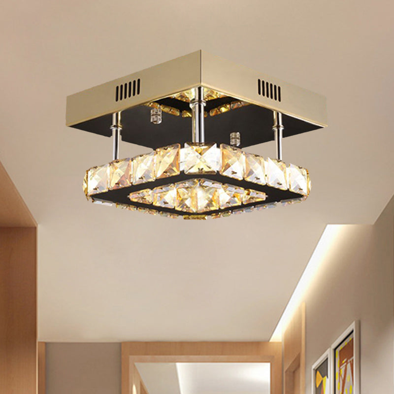 Modern Gold/Stainless - Steel Led Square Ceiling Lamp With Clear Faceted Crystal Blocks And