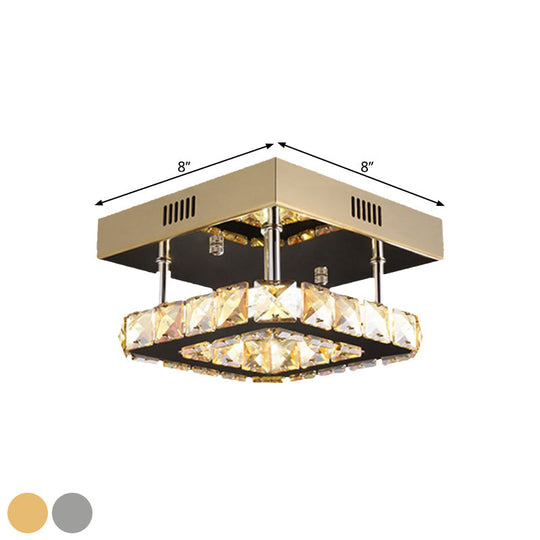 Modern Gold/Stainless - Steel Led Square Ceiling Lamp With Clear Faceted Crystal Blocks And