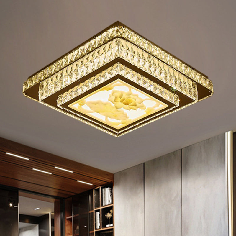Modern Stainless-Steel Flush Mount Bedroom Led Ceiling Light With Clear Rectangular-Cut Crystals