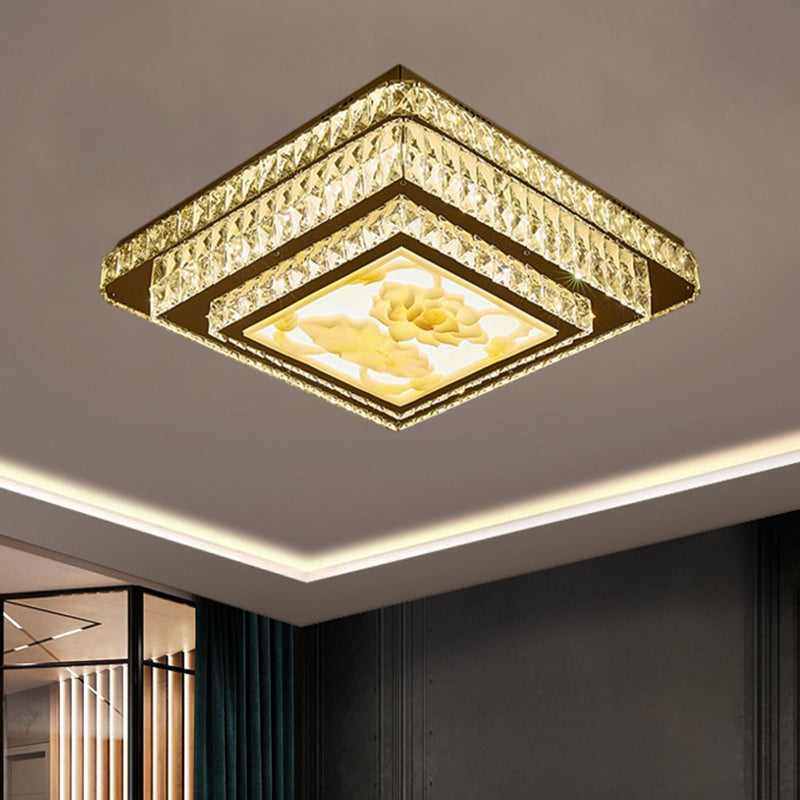 Modern Stainless - Steel Flush Mount Bedroom Led Ceiling Light With Clear Rectangular - Cut Crystals
