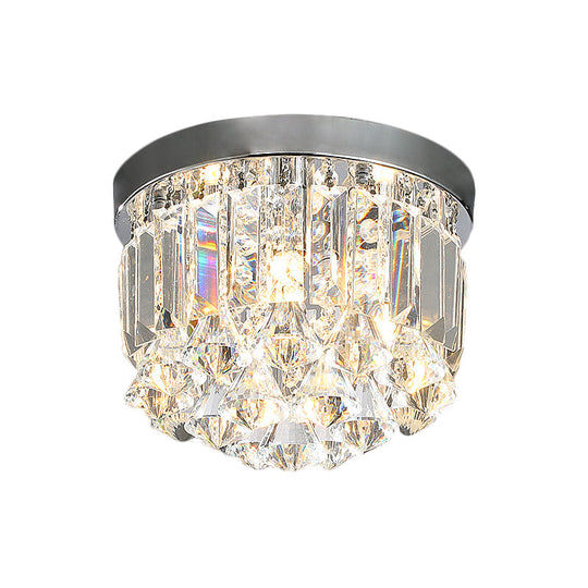 Modern Silver Drum Flush Mount Crystal Prism Corridor Lighting Fixture 10’/14’ Wide