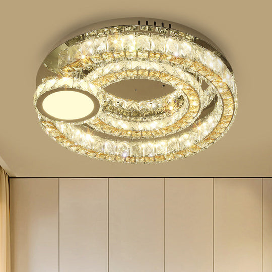 Contemporary Led Ring Flushmount: Stainless-Steel Finish Clear Faceted Crystal Blocks Ceiling Light