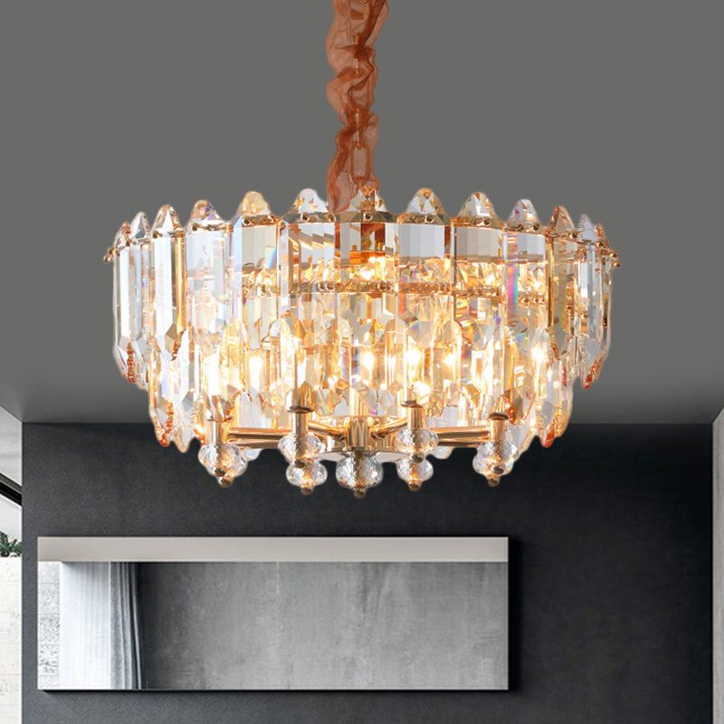 Modern Gold Metal Chandelier With Clear Beveled Crystal Blocks - 8 Bulbs Suspension Pendant