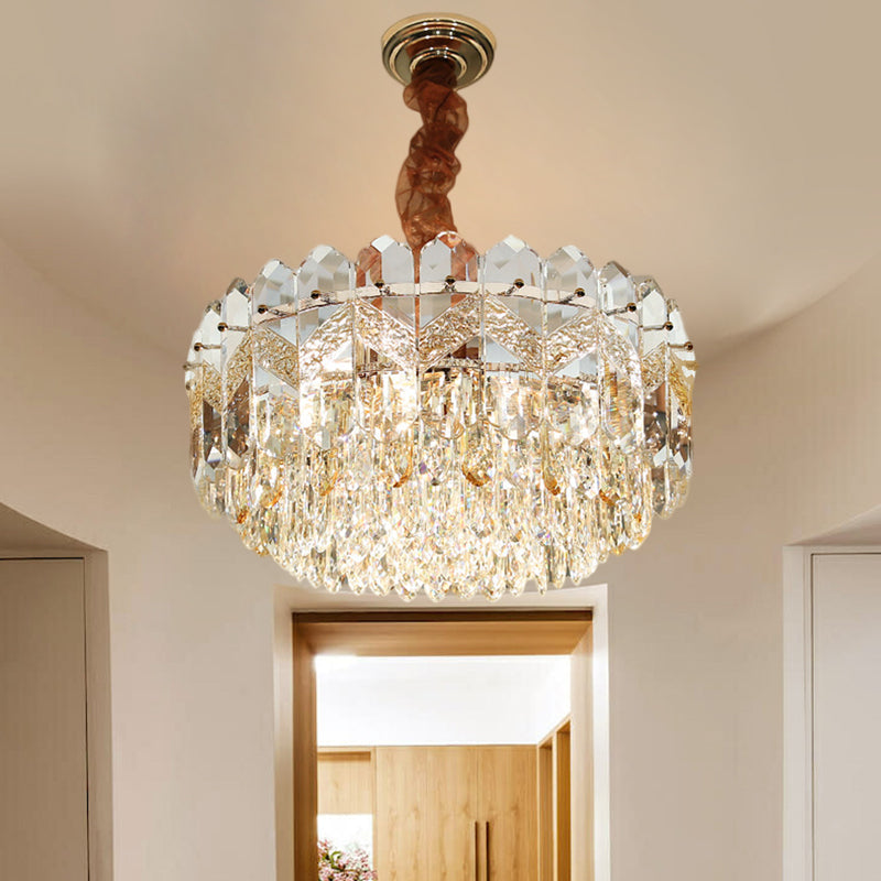 Modern Drum Ceiling Chandelier With Clear Crystal Draping - 9 Bulbs Champagne/Smoke Gray Finish