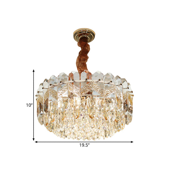 Modern Drum Ceiling Chandelier With Clear Crystal Draping - 9 Bulbs Champagne/Smoke Gray Finish