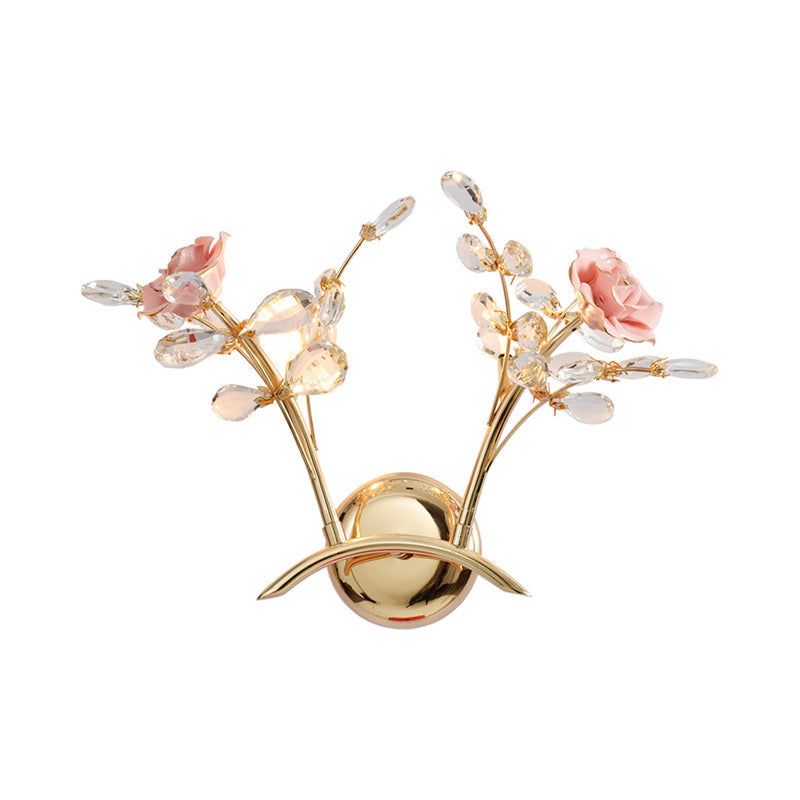 Contemporary Crystal Raindrop Wall Lighting With Rose Design - Gold Mount Lamp 2 Heads