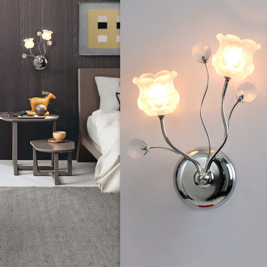 Modern Chrome Sconce Light: Clear Crystal Orbs With Scrolling Arm 2 Bulbs Wall Lighting Bloom Shade