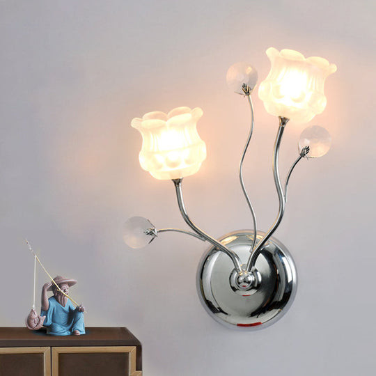 Modern Chrome Sconce Light: Clear Crystal Orbs With Scrolling Arm 2 Bulbs Wall Lighting Bloom Shade