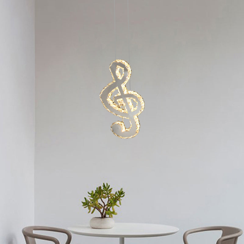 Led Music Note Pendant Light - Contemporary Stainless-Steel Clear Cut Crystal Mini Hanging Lamp