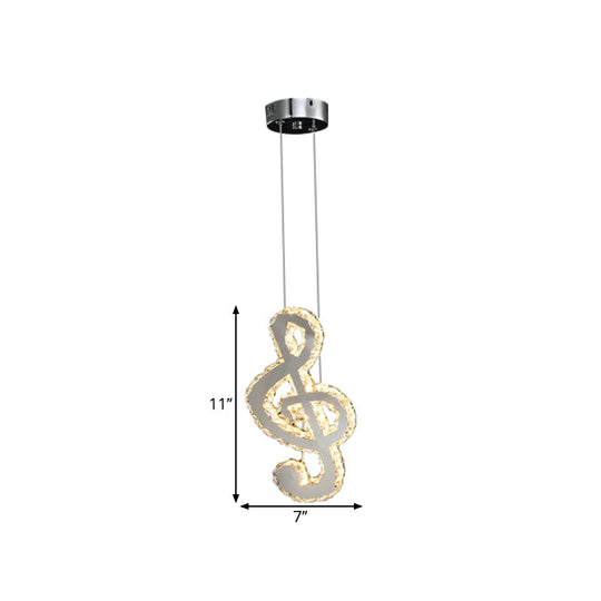 Led Music Note Pendant Light - Contemporary Stainless-Steel Clear Cut Crystal Mini Hanging Lamp