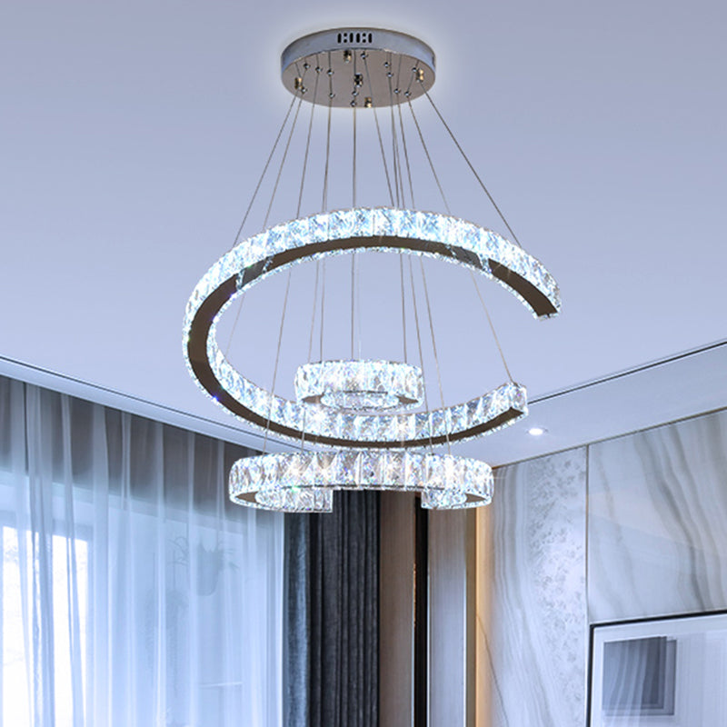 Modern Led Stainless-Steel Chandelier Light With Clear Rectangular-Cut Crystals - 3 Tier C-Shape