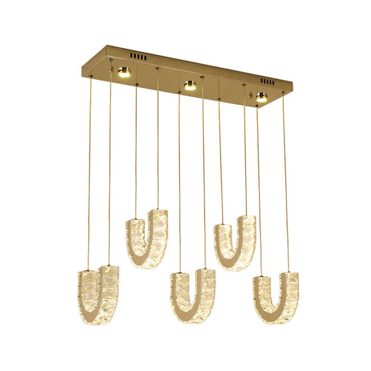 Led U-Shape Pendant Lamp With Modern Stainless-Steel Finish And Clear Rectangular-Cut Crystals