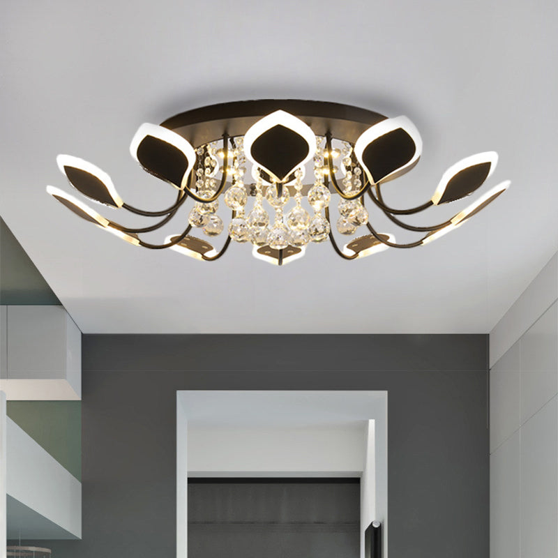Modern Black/White Crystal Ceiling Light With Raindrop Shade – 10/12 Heads Parlor Flush Mount