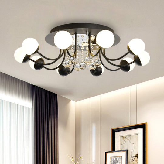 Hand-Cut Crystal Sphere Ceiling Light With Modern Design: 10/12-Head Black/White Mounting For