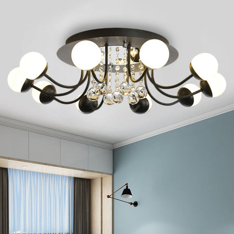 Hand-Cut Crystal Sphere Ceiling Light With Modern Design: 10/12-Head Black/White Mounting For Parlor
