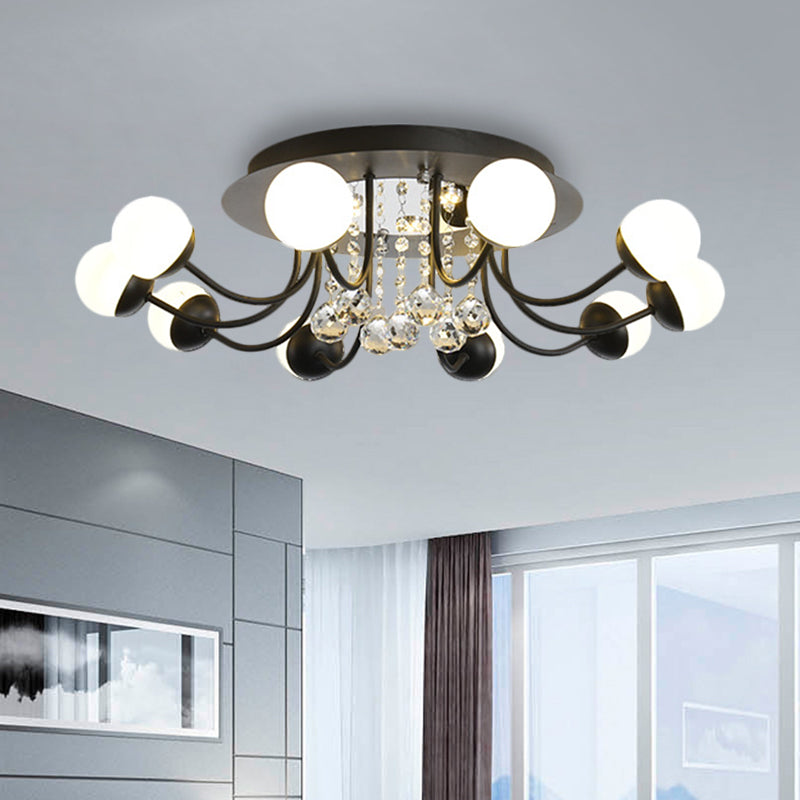 Hand-Cut Crystal Sphere Ceiling Light With Modern Design: 10/12-Head Black/White Mounting For