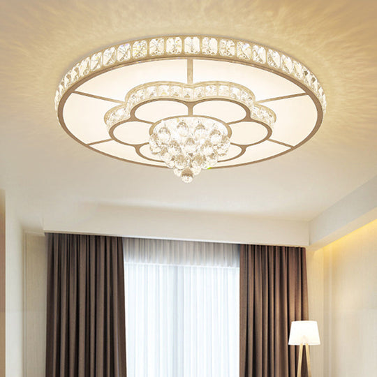 Contemporary Flower Led Ceiling Lamp With Faceted Crystal Flush Mount In White - 19.5’/23.5’