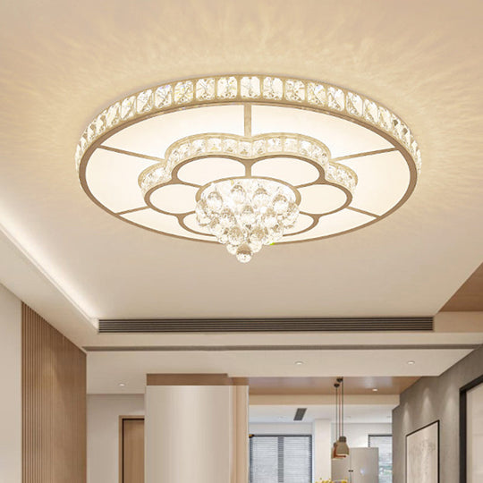 Contemporary Flower Led Ceiling Lamp With Faceted Crystal Flush Mount In White - 19.5’/23.5’ Wide