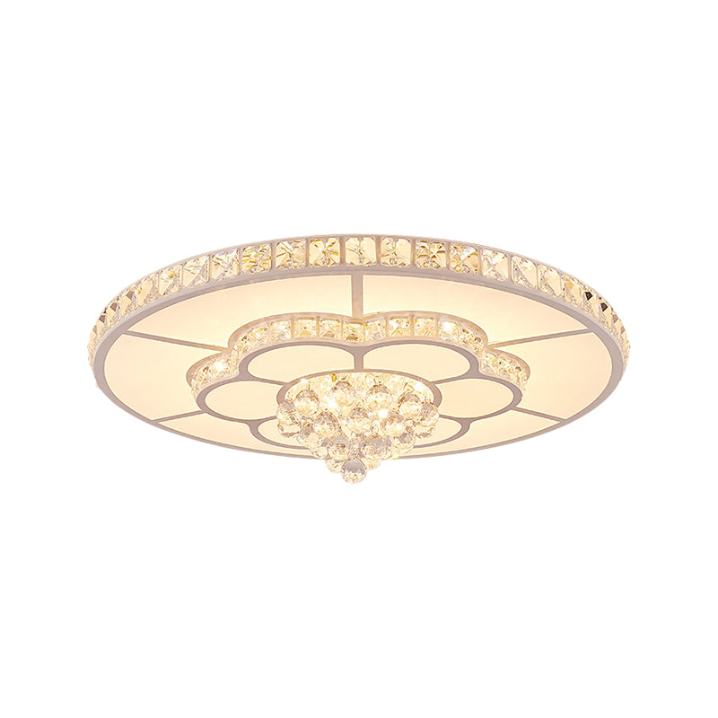 Contemporary Flower Led Ceiling Lamp With Faceted Crystal Flush Mount In White - 19.5’/23.5’ Wide