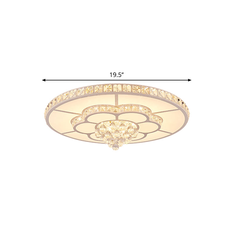Contemporary Flower Led Ceiling Lamp With Faceted Crystal Flush Mount In White - 19.5’/23.5’ Wide