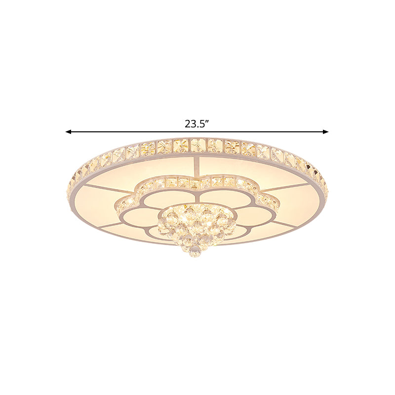 Contemporary Flower Led Ceiling Lamp With Faceted Crystal Flush Mount In White - 19.5’/23.5’ Wide