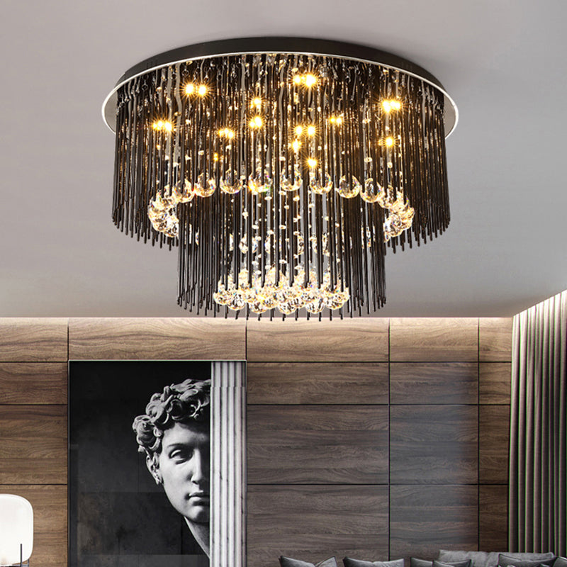 Contemporary Dual - Tiered Led Ceiling Flush Mount Light Fixture In Sleek Black - Crystal Orbs