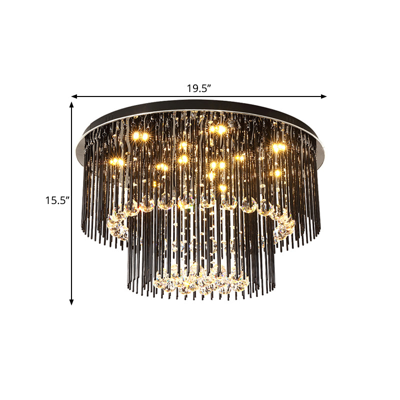 Contemporary Dual - Tiered Led Ceiling Flush Mount Light Fixture In Sleek Black - Crystal Orbs