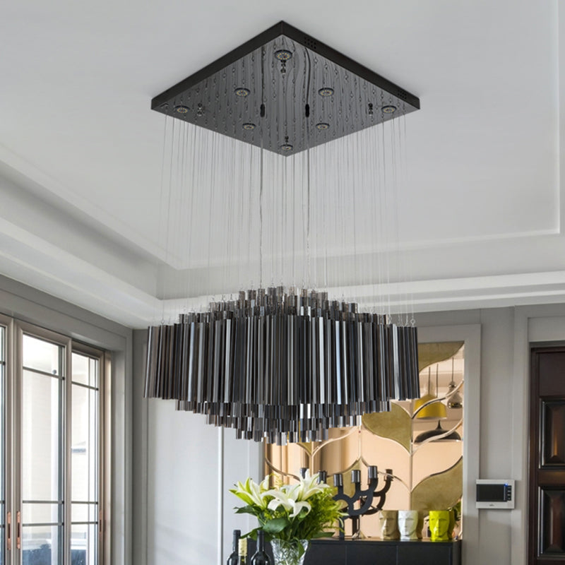 Modern Led Crystal Bar Hanging Ceiling Light For Dining Room - Black Hexagon