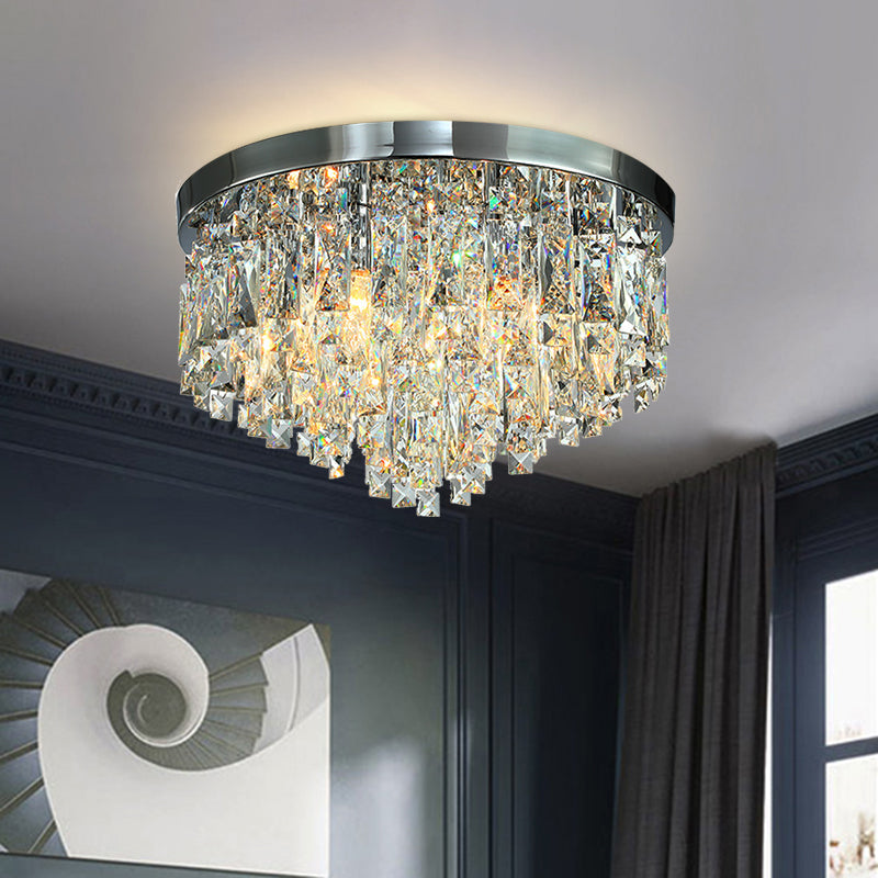 Modern Conical Crystal Block Ceiling Lamp: 12’/18’ Wide 4/6 - Bulb Flush Mount In Chrome / 12’