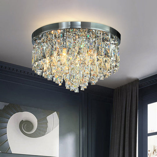 Modern Conical Crystal Block Ceiling Lamp: 12’/18’ Wide 4/6 - Bulb Flush Mount In Chrome / 12’