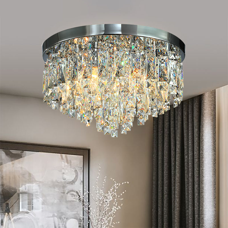 Modern Conical Crystal Block Ceiling Lamp: 12’/18’ Wide 4/6 - Bulb Flush Mount In Chrome