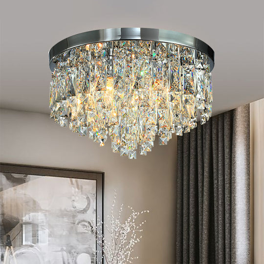 Modern Conical Crystal Block Ceiling Lamp: 12’/18’ Wide 4/6 - Bulb Flush Mount In Chrome