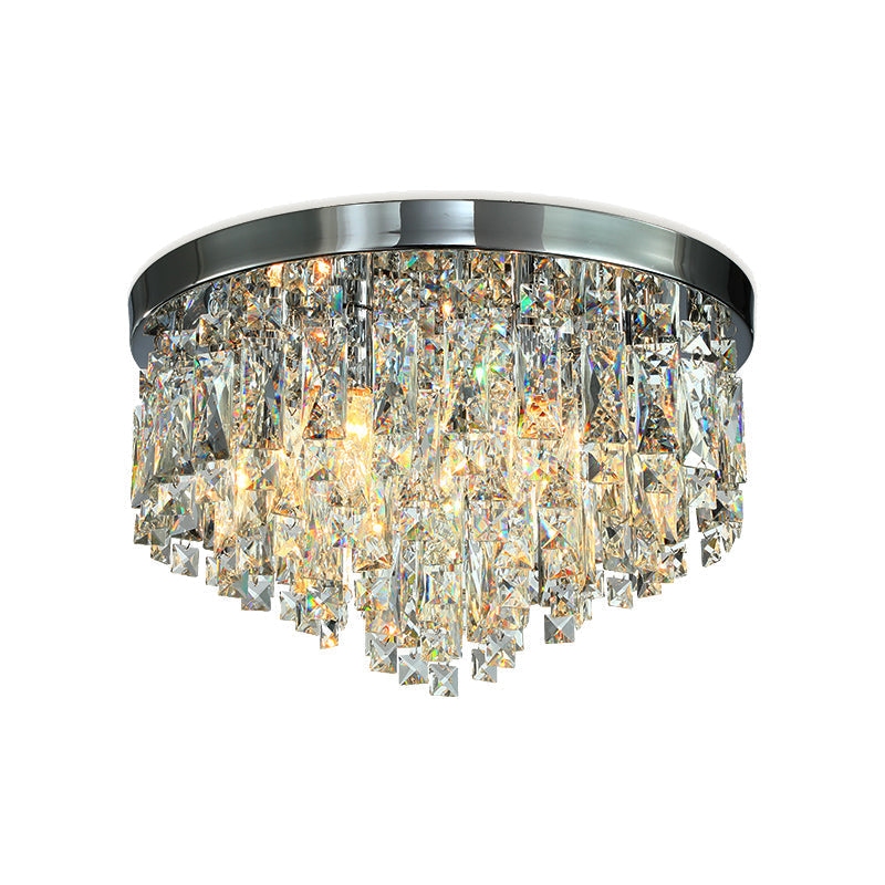 Modern Conical Crystal Block Ceiling Lamp: 12’/18’ Wide 4/6 - Bulb Flush Mount In Chrome