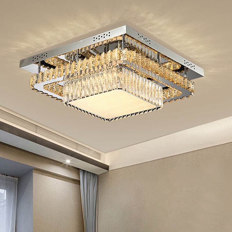 Contemporary Crystal Led Ceiling Light Fixture - Chrome Round/Square Flush - Mount / Square Plate