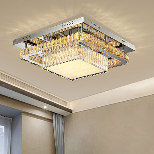 Contemporary Crystal Led Ceiling Light Fixture - Chrome Round/Square Flush - Mount / Square Plate