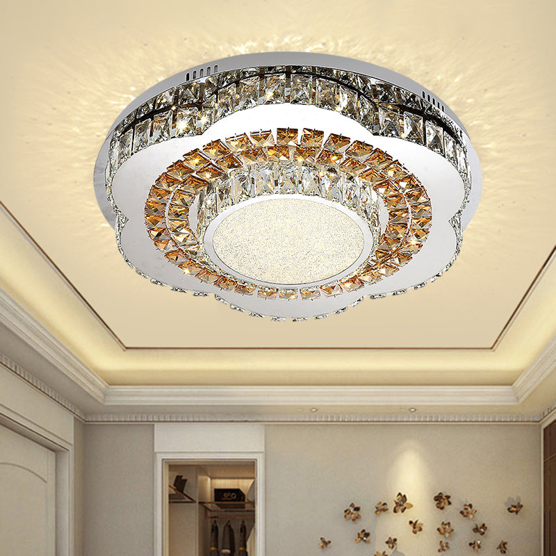 Modern Led Flower - Shaped Crystal Ceiling Mount Fixture In Chrome