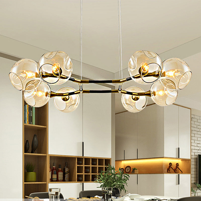 Modern Metal Branch Chandelier Pendant Lamp With Amber Glass Ball Shade
