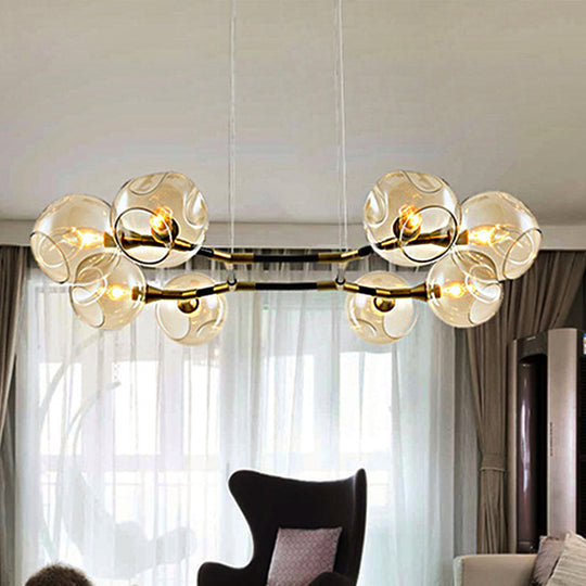 Modern Metal Branch Chandelier Pendant Lamp With Amber Glass Ball Shade