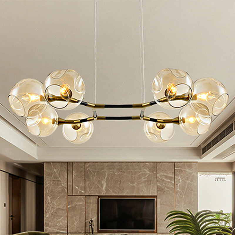 Modern Metal Branch Chandelier Pendant Lamp With Amber Glass Ball Shade