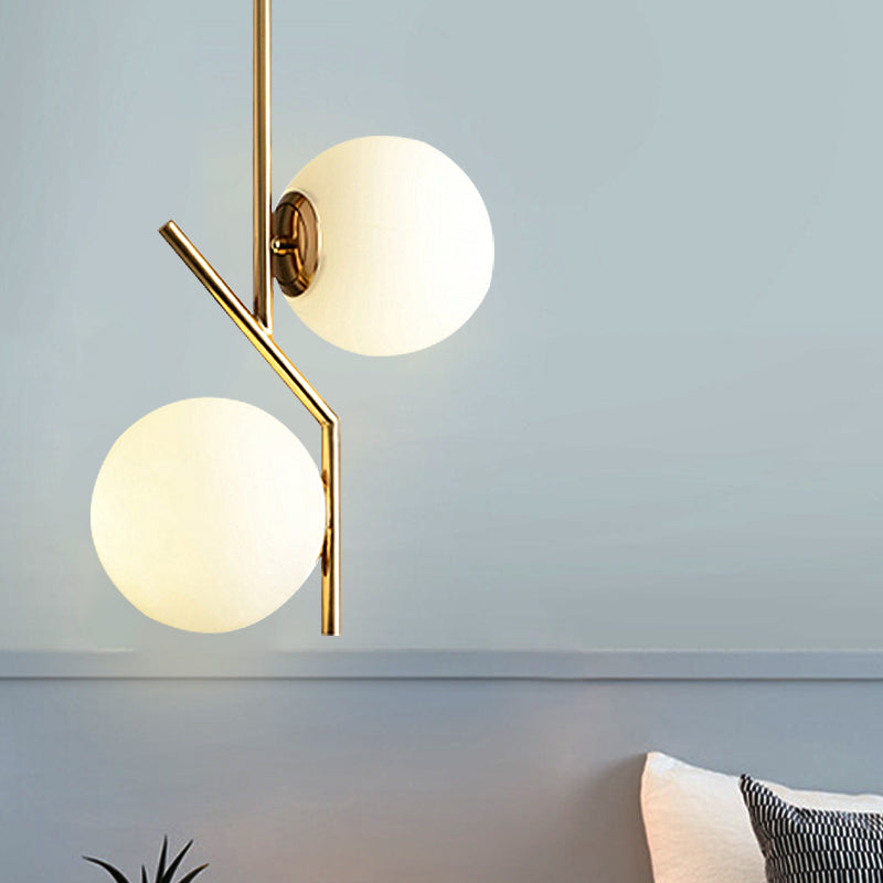 Contemporary Gold Angle Linear Chandelier Lighting 2 Lights White Glass Sphere Shade Metal Hanging Lamp Fixture Gold