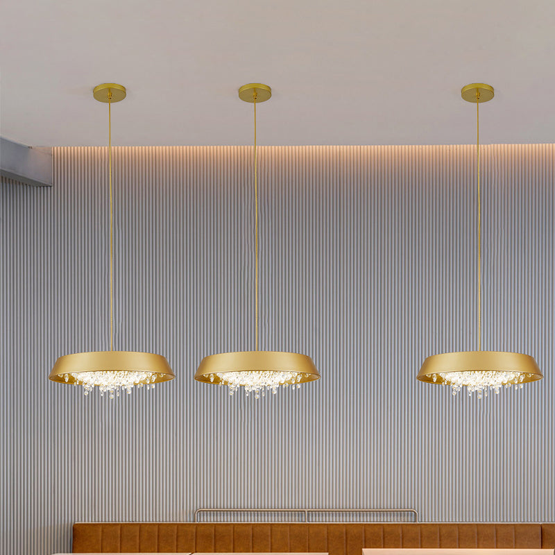 Modern Metal Led Hanging Lamp: Circular Tray Design With Crystal Drop & Down Lighting In Warm/White