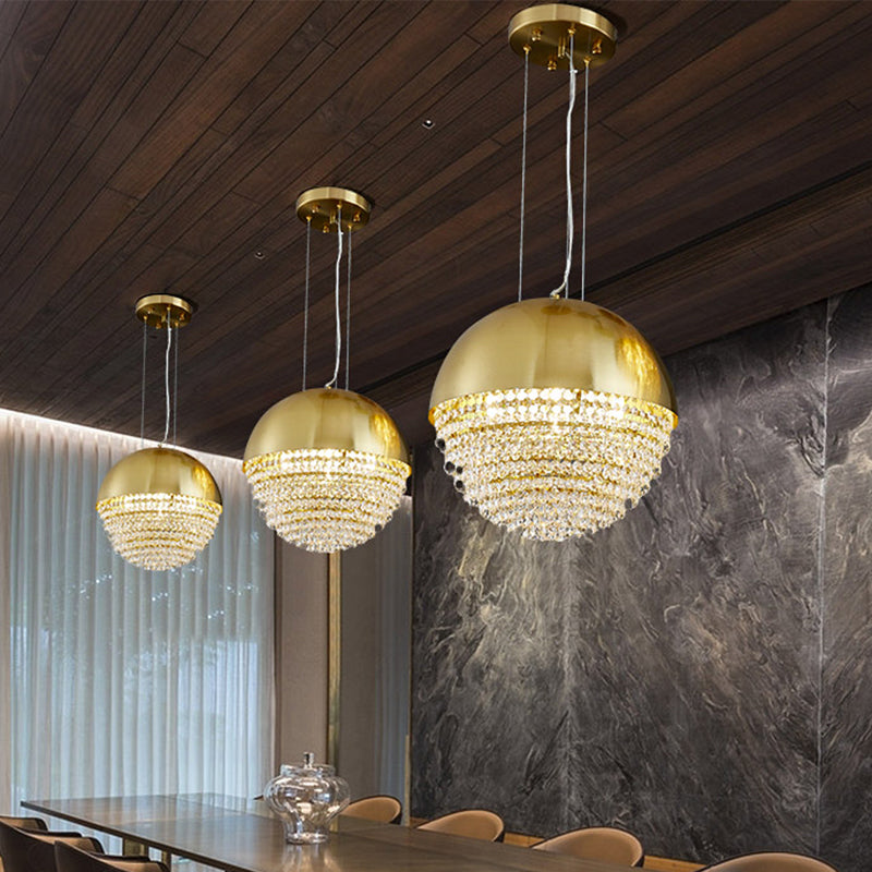 Modern Crystal Led Pendant Light Fixture With Gold Dome Elegant Suspension Lighting For Dining Room