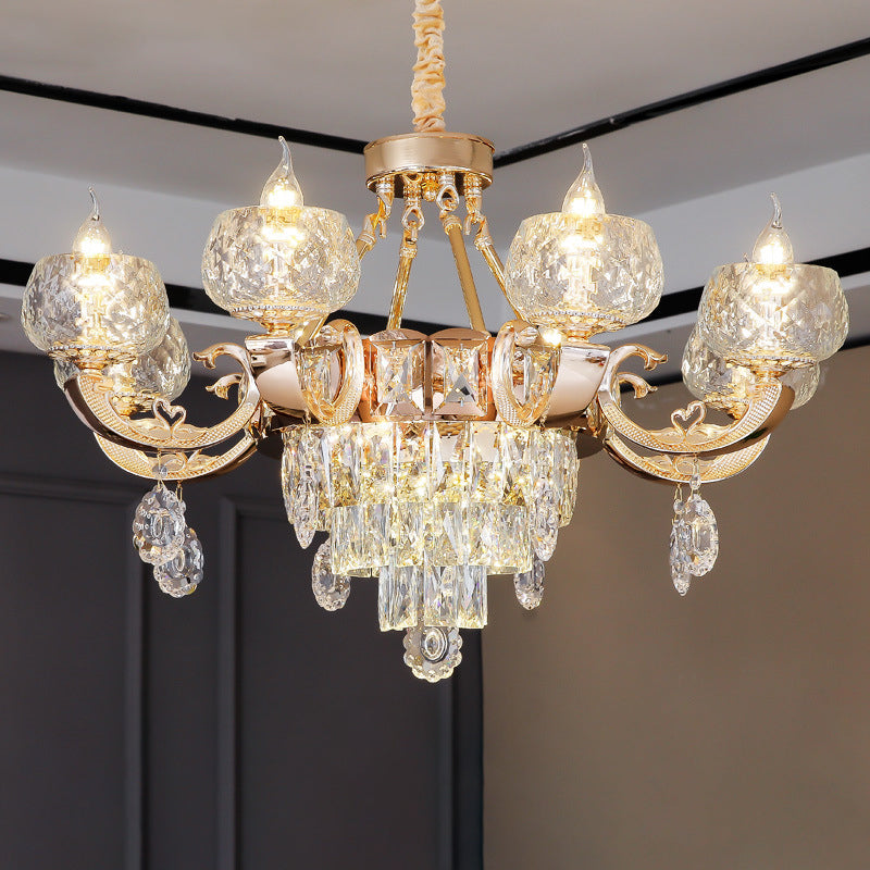 Contemporary Crystal Chandelier Lamp - 6/8 Bulbs Gold Drop Pendant With Clear Bowl Shade And Candle