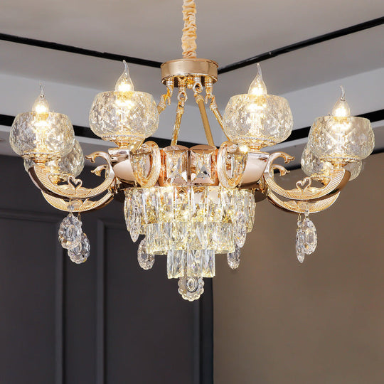 Contemporary Crystal Chandelier Lamp - 6/8 Bulbs Gold Drop Pendant With Clear Bowl Shade And Candle