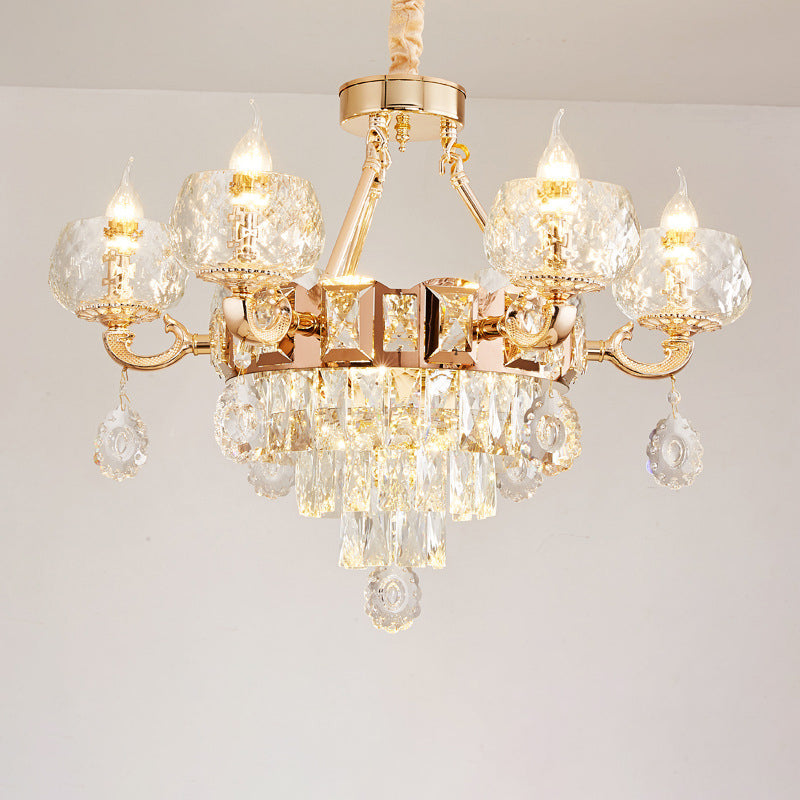 Contemporary Crystal Chandelier Lamp - 6/8 Bulbs Gold Drop Pendant With Clear Bowl Shade And Candle