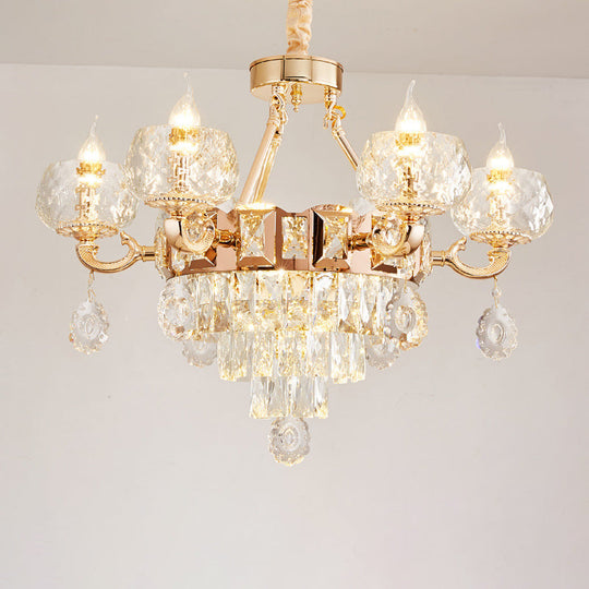 Contemporary Crystal Chandelier Lamp - 6/8 Bulbs Gold Drop Pendant With Clear Bowl Shade And Candle