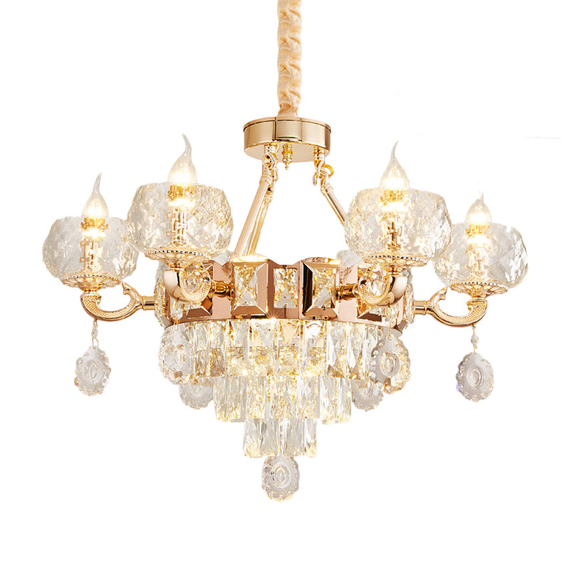 Contemporary Crystal Chandelier Lamp - 6/8 Bulbs Gold Drop Pendant With Clear Bowl Shade And Candle