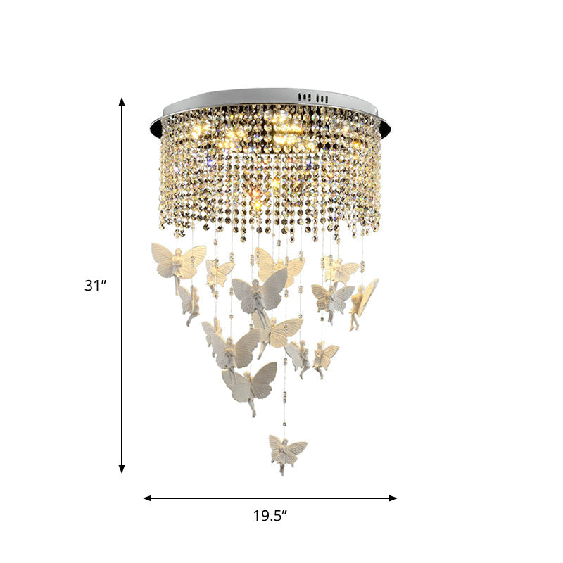 Contemporary Drum Flush Light With Clear Crystal Strand And Led Silver Ceiling Lighting -